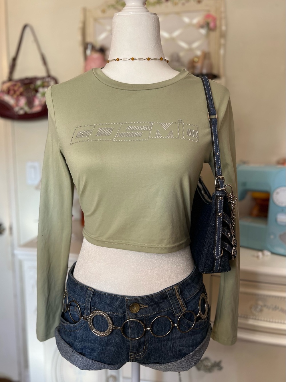 Rhinestone Logo Olive Green Long-Sleeve Crop Top by